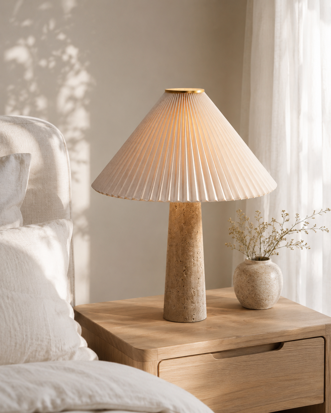 Riviera Travertine Pleated Table Lamp on console table with round mirror
