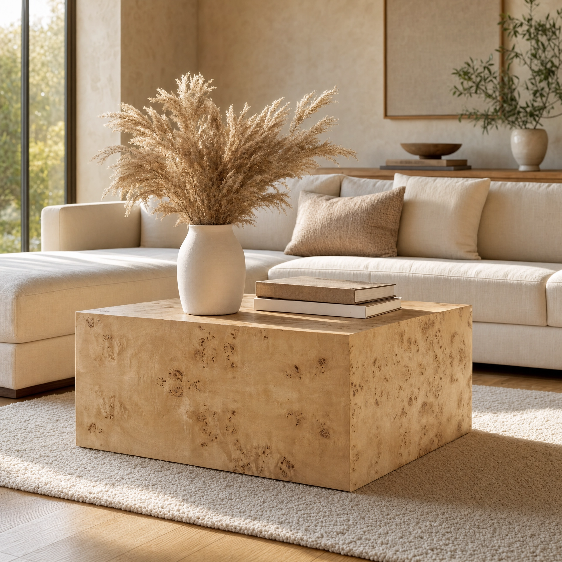 Burl Wood Square Coffee Table styled in a modern organic living room