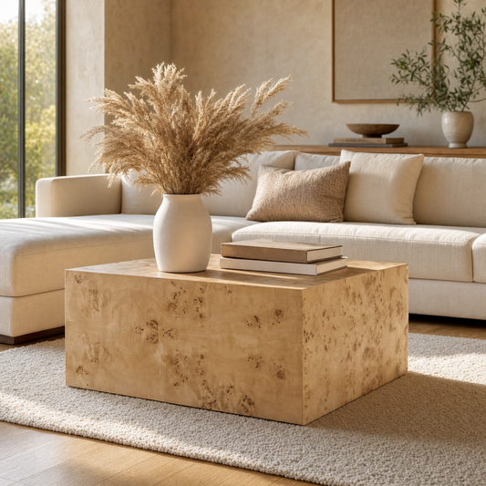 Burl Wood Square Coffee Table styled in a modern organic living room