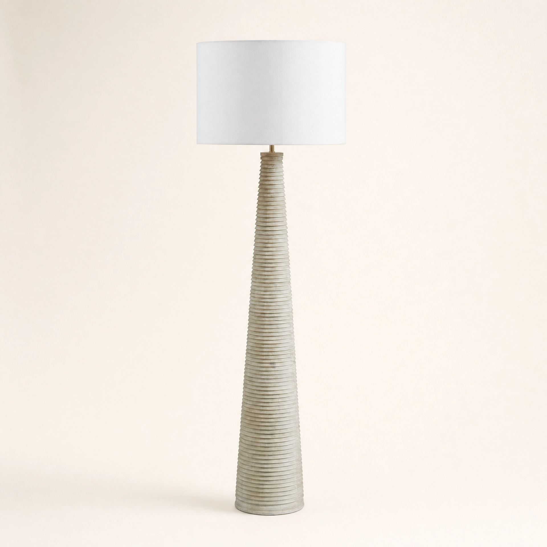 Farmstead Ribbed Wood Floor Lamp with tapered carved wood base and white fabric drum shade