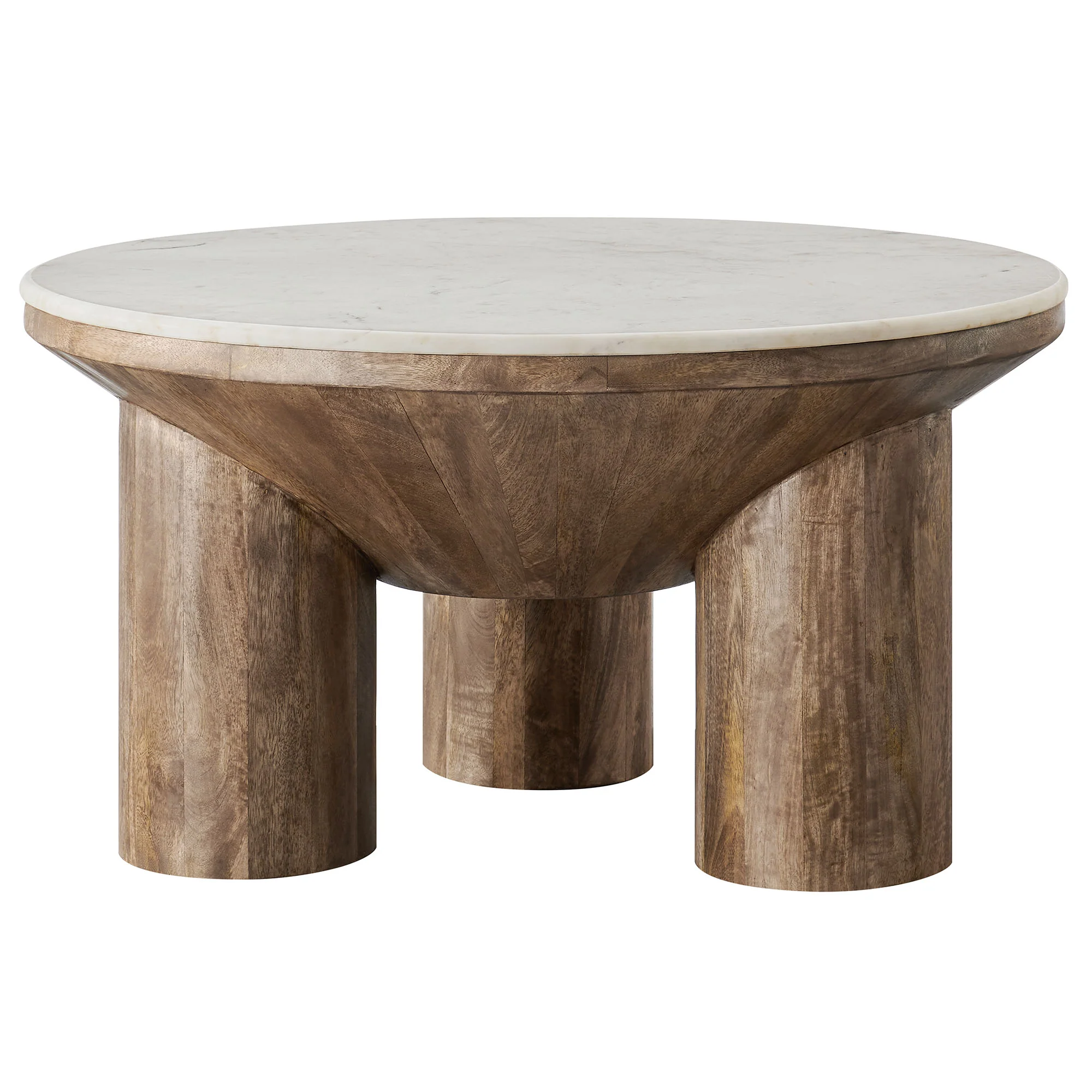 Marlowe Round Marble and Wood Coffee Table with genuine marble top and mango wood drum base on three cylindrical legs
