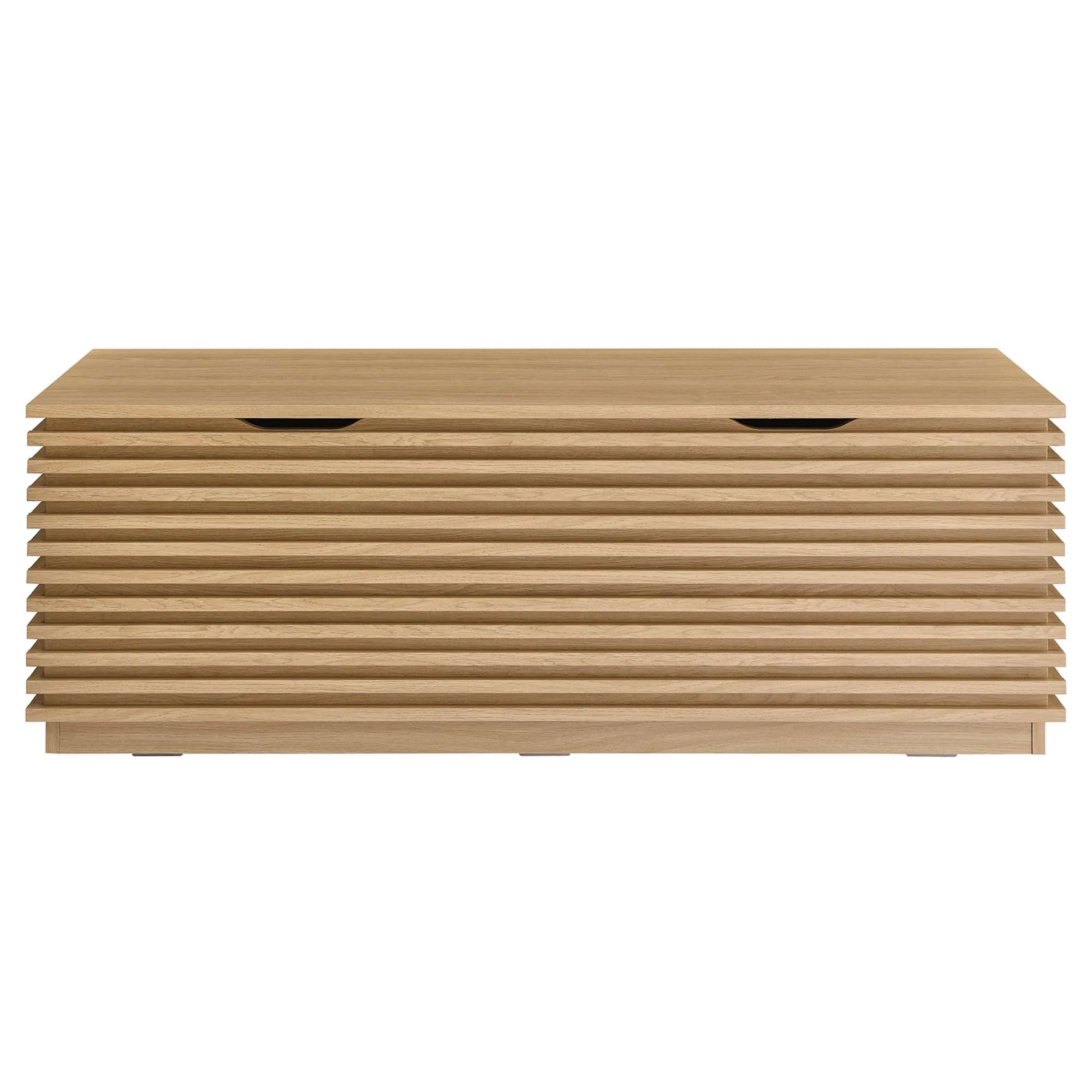 Camden Storage Bench in Oak with slatted front panel and hinged lid storage