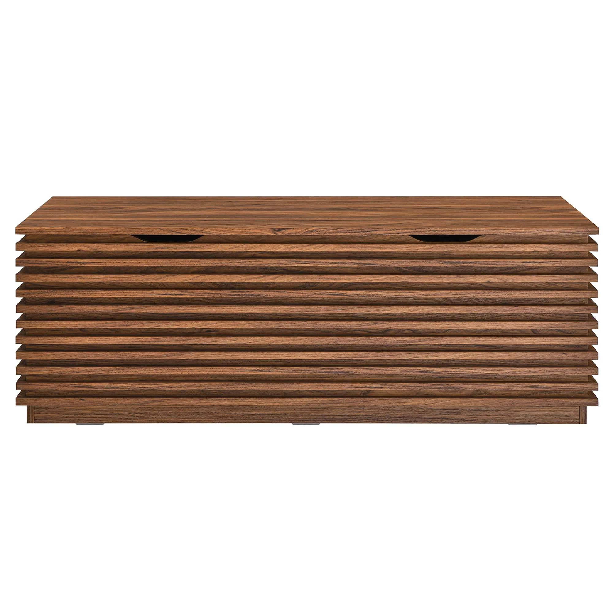 Camden Storage Bench in Walnut with slatted front panel and hinged lid storage