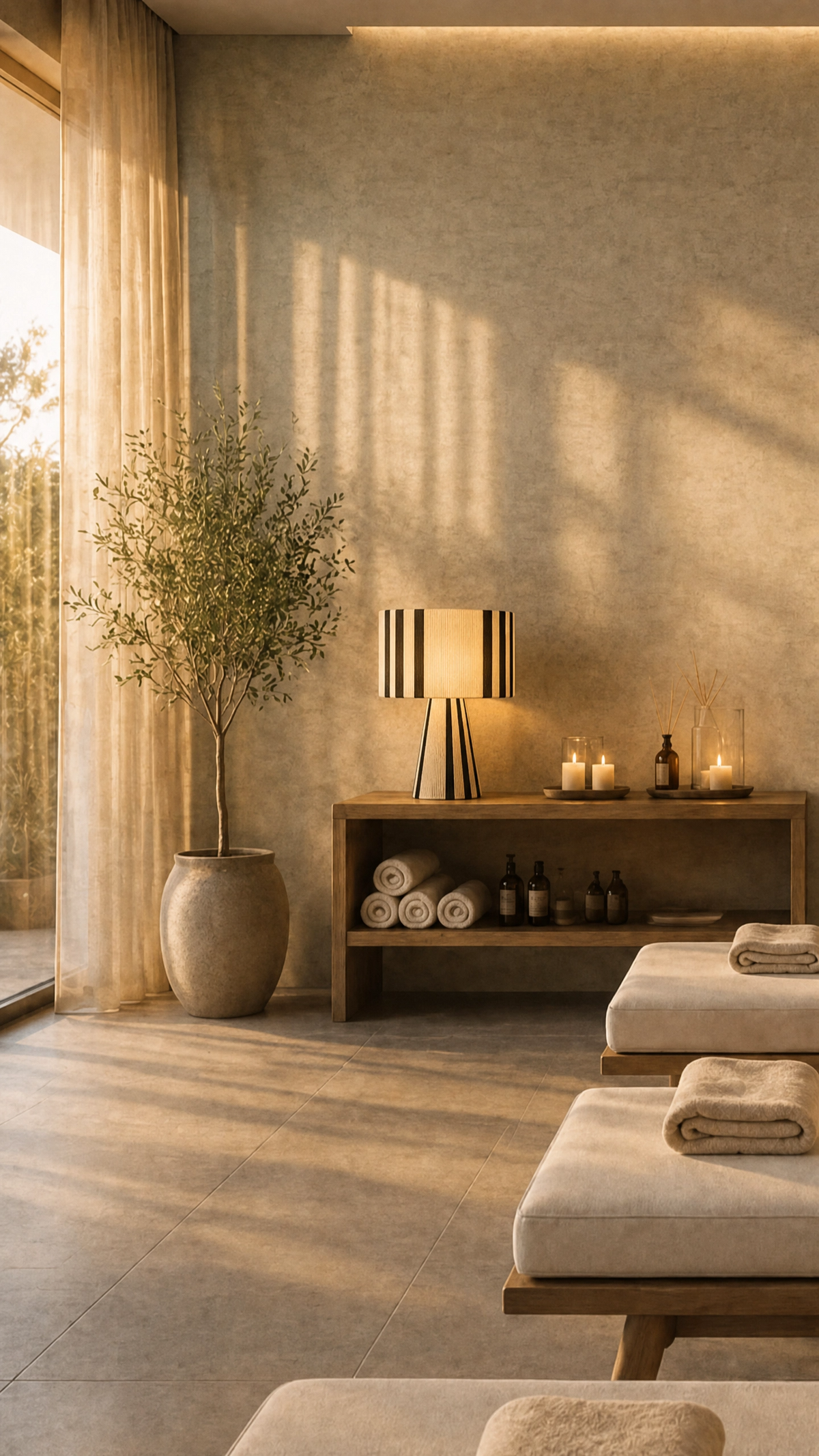 Marrakesh Woven Cotton Table Lamp — Noir styled in a warm spa-inspired room